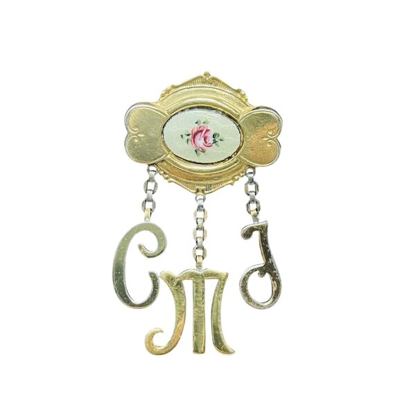 Coro Gold Tone Floral Brooch With CMJ Initials & Enamel Rose Design (5644) - Picture 1 of 6